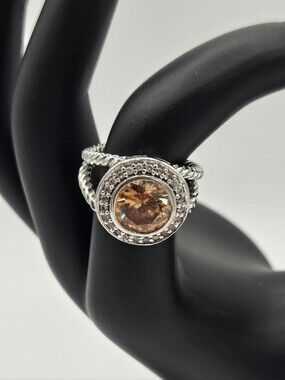 Sterling Silver Ring with Champagne Crystal Accented With Clear Crystals